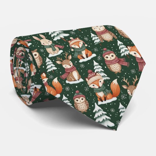 Süßes grünes Wald-Weihnachts-Tiermuster Krawatte (Gerollt)