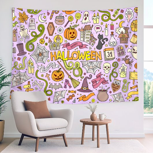 Süßes Halloween-Doodle-Muster Wandteppich