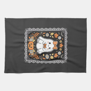 Süßes Halloween-Geist-Kürbis-Blumen-T-Shirt-Design Geschirrtuch
