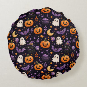 Süßes Halloween-Kürbis-Geister-Katze-Fledermaus-Mu Rundes Kissen