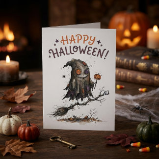 Süßes Halloween-Monster auf einem Besenstiel Karte