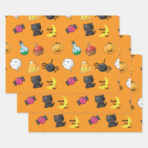 Süßes Halloween-Muster mit orangefarbenem Hintergr Geschenkpapier Set