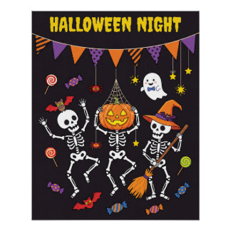 Süßes Halloween-Nacht-Tanzskelette-Poster Poster