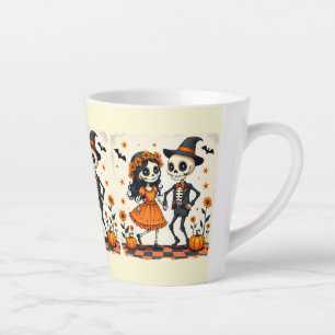 Süßes Halloween-Skelett-Paar in Orange Milchtasse
