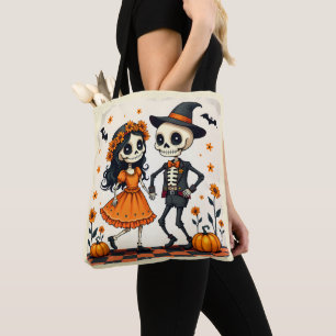 Süßes Halloween-Skelett-Paar in Orange Tasche