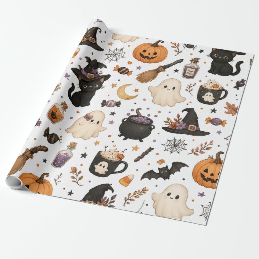Süßes Halloween-Wasserfarbmuster mit schwarzen Kat Geschenkpapier (Ungerollt)