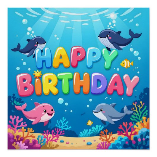 Süßes Happy Birthday nautischer Delfin Poster (Vorderseite)