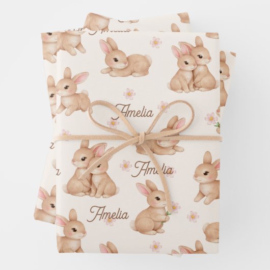 Süßes Häschen Rosa Blumenmuster Name Geschenkpapier Set (Beispiel)