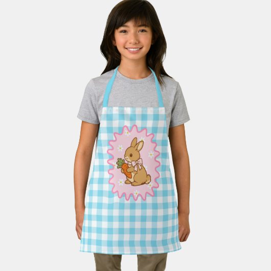 Süßes Hasen-Karotten- und Gänseblümchen-Gingham Schürze (Insitu)