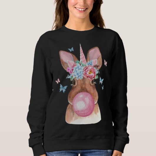Süßes Hasengesicht mit Bubble-Gum-Einhorn Frohe Os Sweatshirt (Vorderseite)