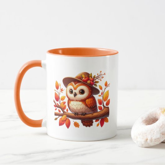 Süßes Herbst-Saison-Eulen-Monogramm Tasse (Mit Donut)