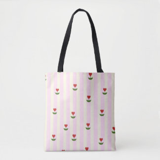 Süßes Herz-Blumenmuster – Sanft rosa gestreift Tasche