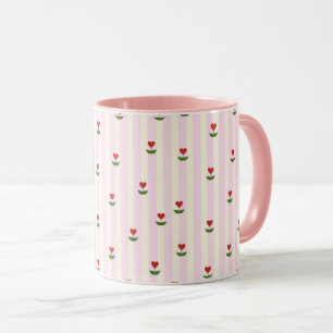 Süßes Herz-Blumenmuster – Sanft rosa gestreift Tasse
