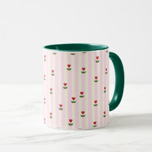 Süßes Herz-Blumenmuster – Sanft rosa gestreift Tasse