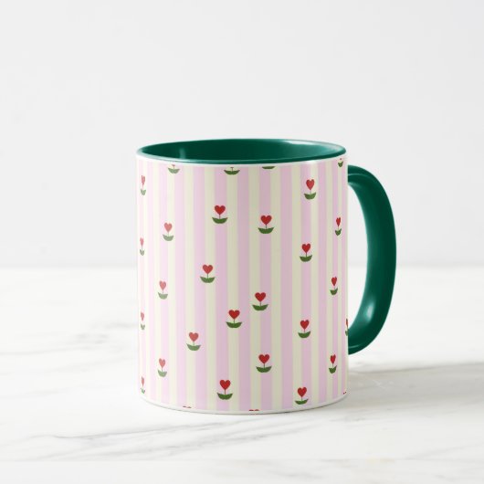 Süßes Herz-Blumenmuster – Sanft rosa gestreift Tasse (VorderseiteRechts)