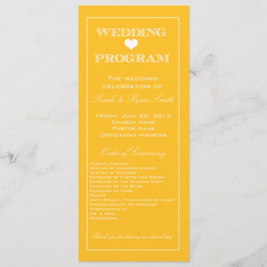 Süßes Herz Gelbes Hochzeitsprogramm Programm (Vorderseite)