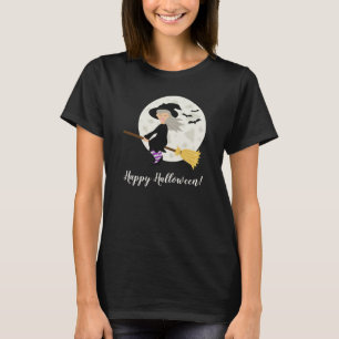 Süßes Hexenmädchen fliegt & Happy Halloween Text T-Shirt