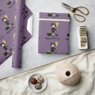 Süßes Hexenmädchen mit einer Katze und Happy Hallo Geschenkpapier