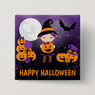 Süßes Hexenmädchen und Kürbisse Frohes Halloween Button