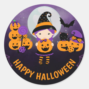 Süßes Hexenmädchen und Kürbisse Frohes Halloween Runder Aufkleber