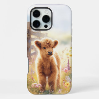 Süßes Highland-Babyrind auf einem Blumenfeld iPhone 16 Pro Max Hülle