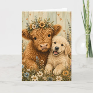 Süßes Highland-Kalb & Golden Retriever-Welpe Karte