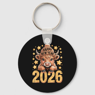 Süßes Highland-Rind Happy New Year 2026 T-Shirt Lu Schlüsselanhänger