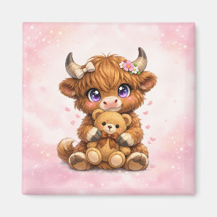 Süßes Highland-Rind umarmt Teddybär Quadrat-Magnet Magnet