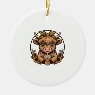 Süßes Hochland-Kuh-Kaffee-Sonnenblumen-Vintage-Shi Keramik Ornament