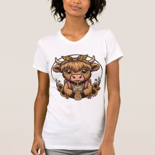 Süßes Hochland-Kuh-Kaffee-Sonnenblumen-Vintage-Shi T-Shirt