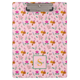 Süßes Honigbraun-Bienen-Wildblumenmuster Rosérosa Klemmbrett