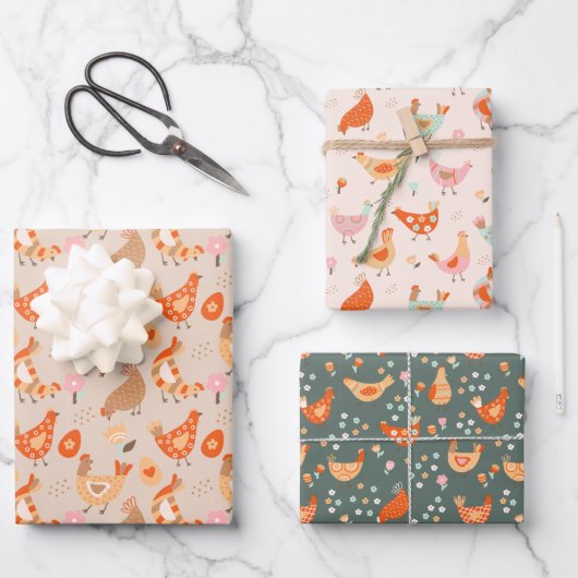 Süßes Hühner-Vogel-Muster Geschenkpapier Set (Vorderseite)