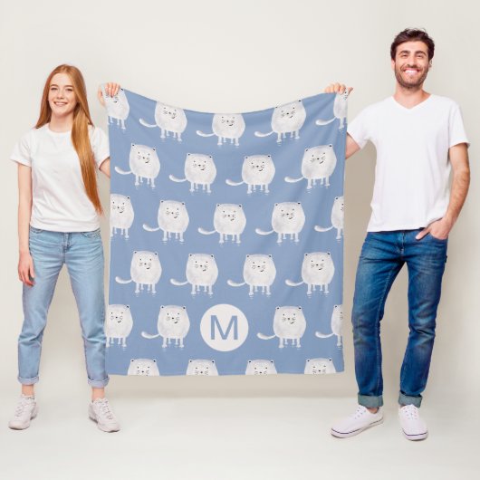Süßes hüpfendes weißes Katzenmuster Monogramm Blau Fleecedecke (Beispiel)