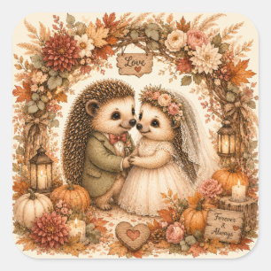 Süßes Igel-Hochzeitspaar unter floraler Arkade im  Quadratischer Aufkleber
