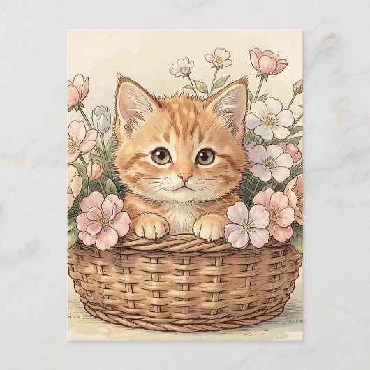 Süßes Ingwer-Kätzchen-Blumenkorb Postkarte (Vorderseite)