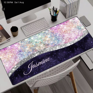 Süßes, irisierendes, violettes, silbernes Glitter- Schreibtischunterlage