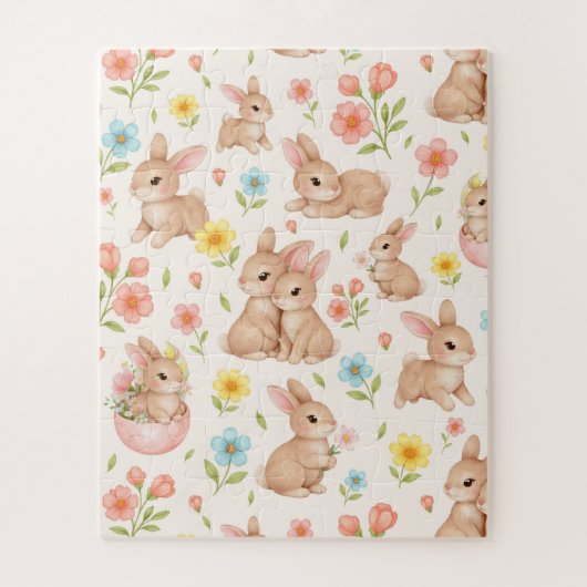 Süßes Kaninchen Blumen Frühling Muster Puzzle (Vertikal)