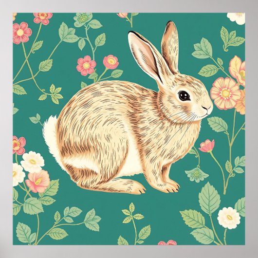 Süßes Kaninchen Blumendes Teal-Muster Poster (Vorne)