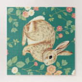 Süßes Kaninchen Blumendes Teal-Muster Puzzle (Horizontal)