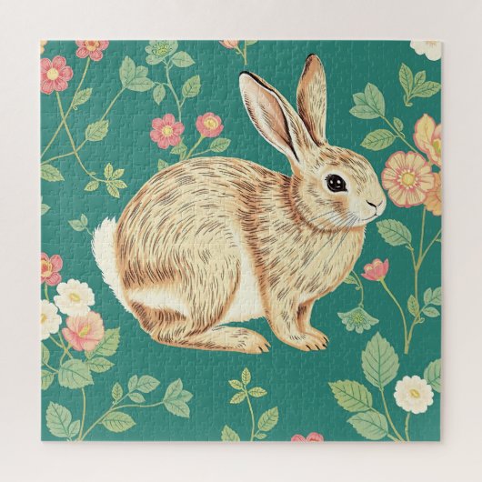 Süßes Kaninchen Blumendes Teal-Muster Puzzle (Vertikal)
