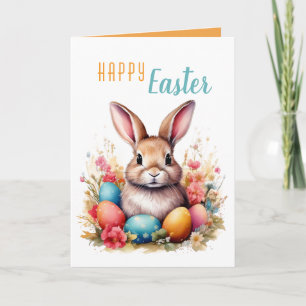 Süßes Kaninchen Bunte Eier Blumen Frohe Ostern Feiertagskarte