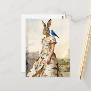 Süßes Kaninchen im Birkenrindenkleid mit Blaumeise Postkarte