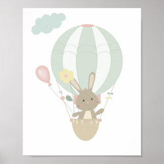 Süßes Kaninchen im blauen Heißluftballon Kinderzim Poster