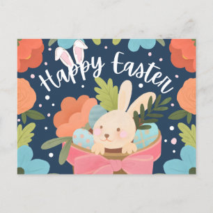 Süßes Kaninchen im Geschenkkorb “Frohe Ostern” Feiertagspostkarte