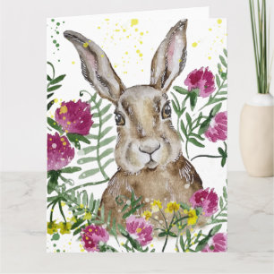 Süßes Kaninchen in Wasserfarben-Blumen Karte