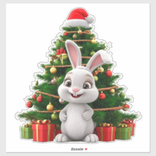 Süßes Kaninchen in Weihnachtsmütze am dekorierten  Aufkleber