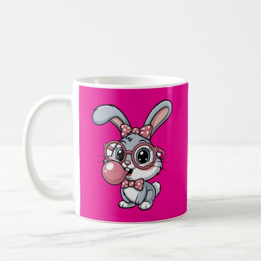 Süßes Kaninchen mit Brille, das Bubble Gum bläst Kaffeetasse (Links)