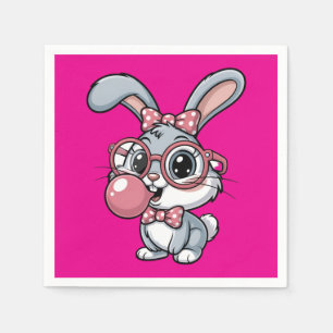 Süßes Kaninchen mit Brille, das Bubble Gum bläst Serviette