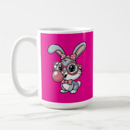 Süßes Kaninchen mit Brille, das Kaugummi bläst Kaffeetasse