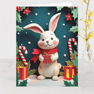 Süßes Kaninchen mit Geschenk in winterlicher Weihn Karte